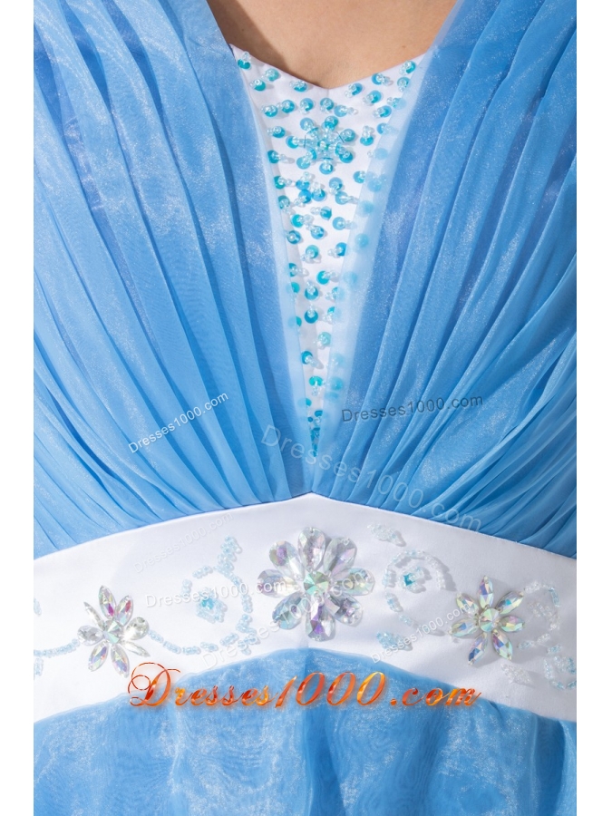 Beadings and Sash Decorated Short Sleeves U-neck Tiers Prom Dress