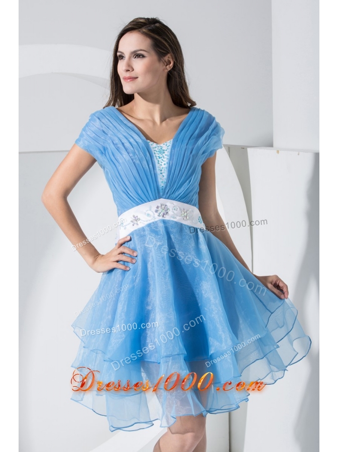Beadings and Sash Decorated Short Sleeves U-neck Tiers Prom Dress