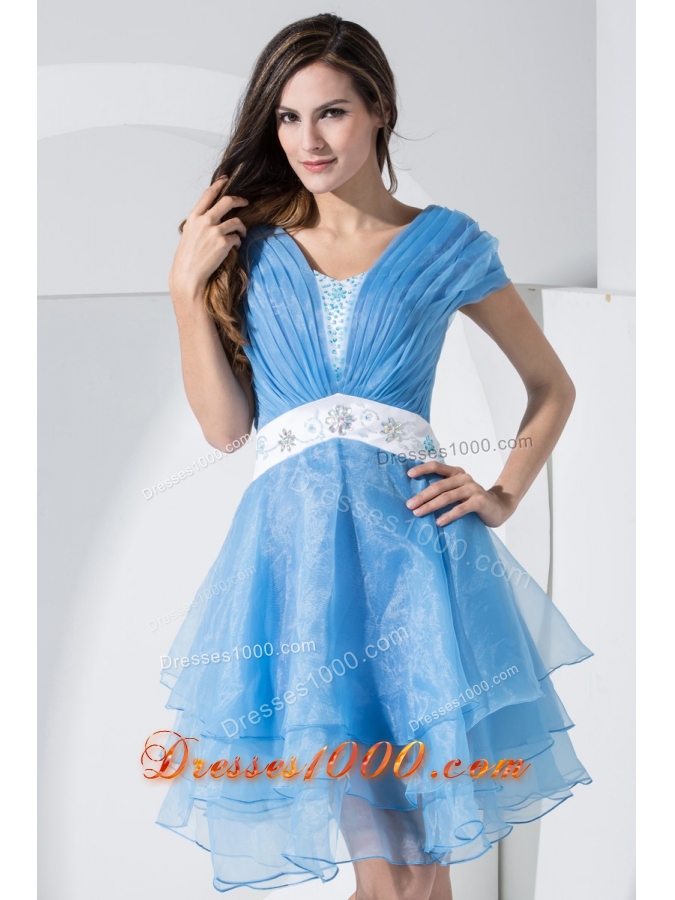 Beadings and Sash Decorated Short Sleeves U-neck Tiers Prom Dress
