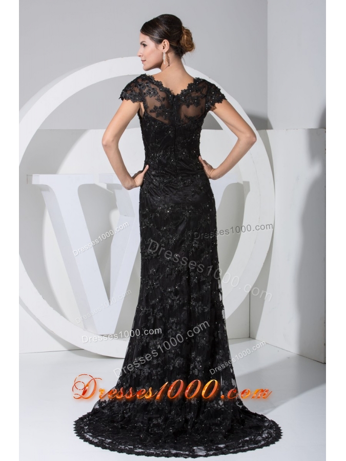 Black Lace Flowers Cap Sleeves Scoop Prom Dresses with Sweep Train