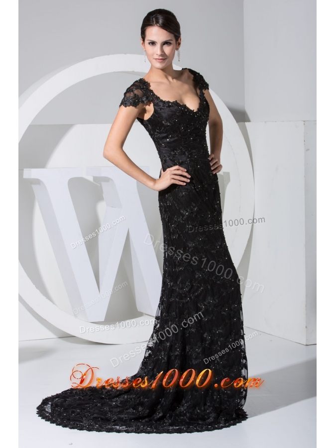 Black Lace Flowers Cap Sleeves Scoop Prom Dresses with Sweep Train