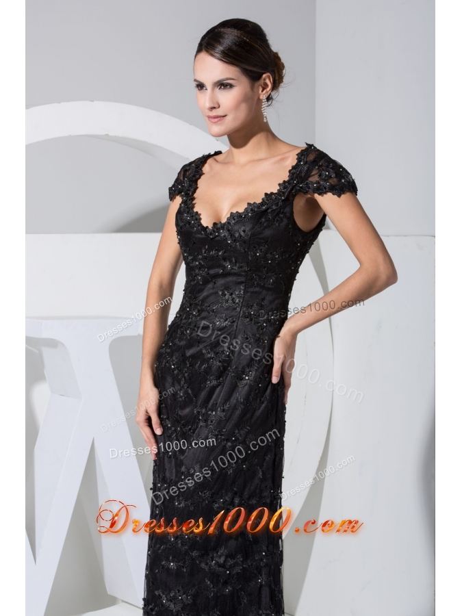 Black Lace Flowers Cap Sleeves Scoop Prom Dresses with Sweep Train