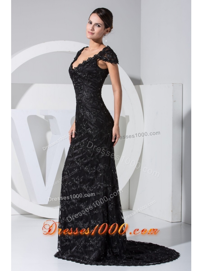 Black Lace Flowers Cap Sleeves Scoop Prom Dresses with Sweep Train