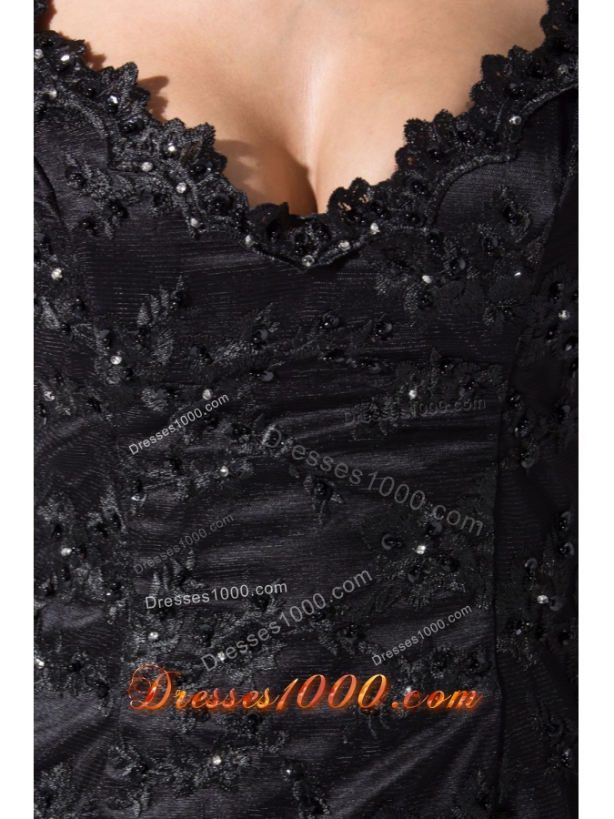 Black Lace Flowers Cap Sleeves Scoop Prom Dresses with Sweep Train