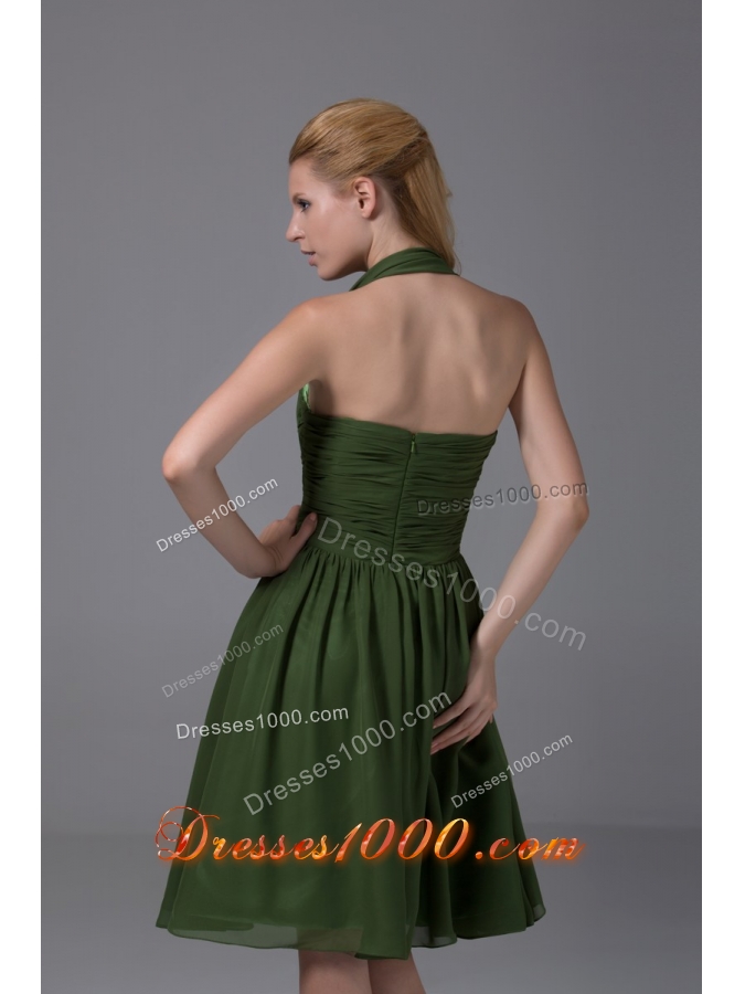 Brand New A-line Halter Top Ruched Dark Green Prom Dress