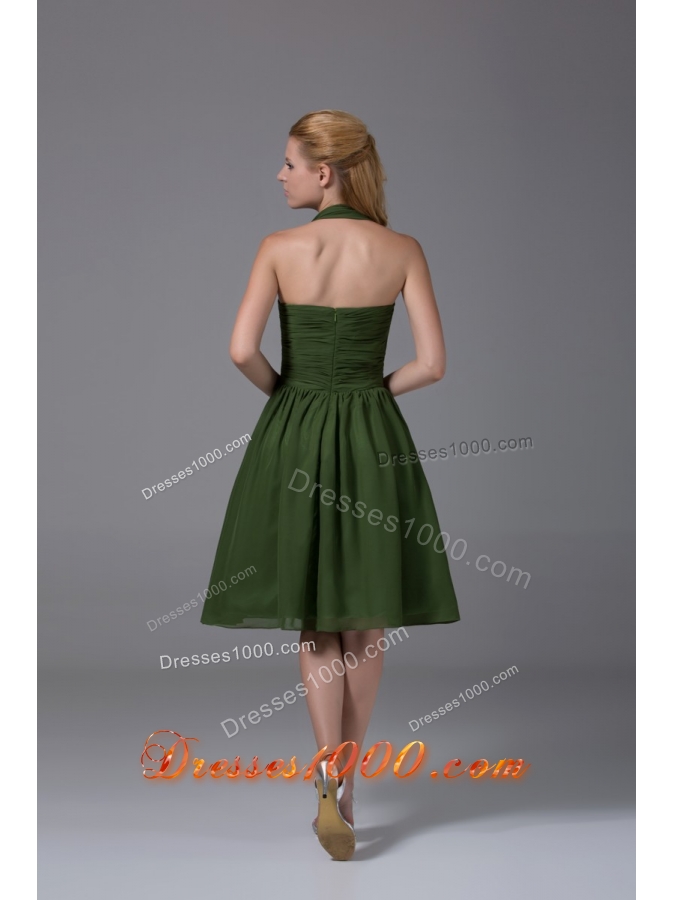 Brand New A-line Halter Top Ruched Dark Green Prom Dress