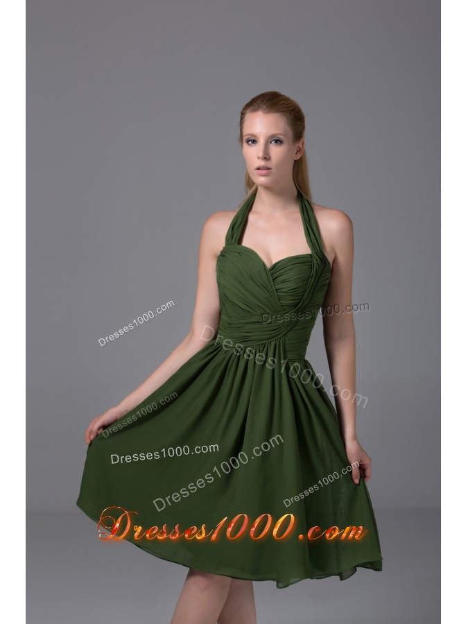 Brand New A-line Halter Top Ruched Dark Green Prom Dress