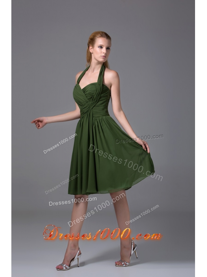 Brand New A-line Halter Top Ruched Dark Green Prom Dress