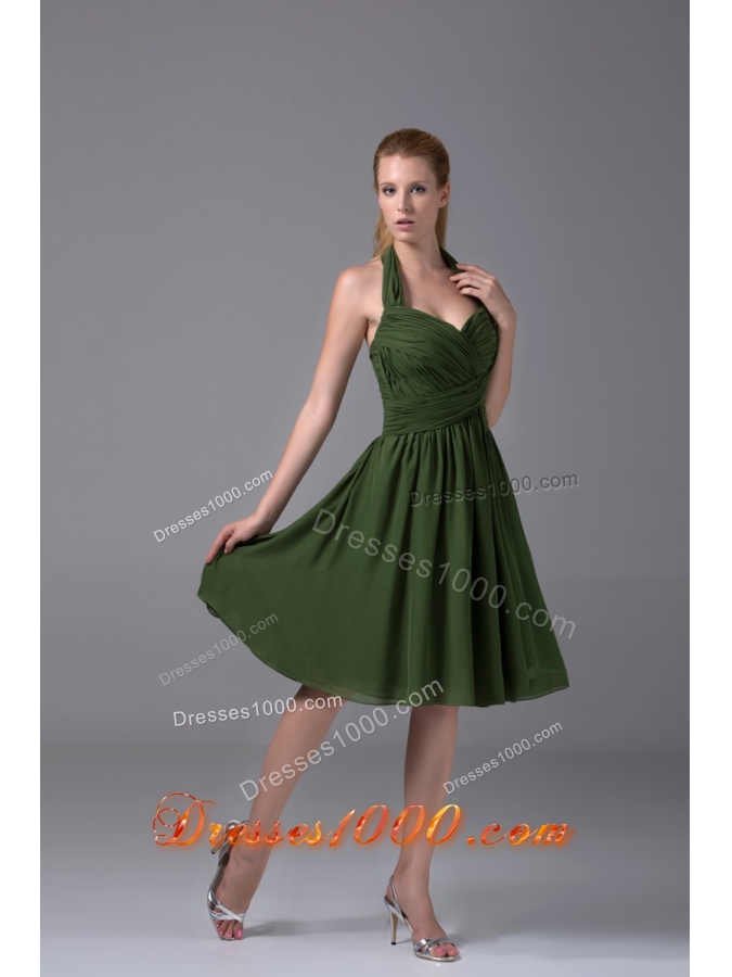 Brand New A-line Halter Top Ruched Dark Green Prom Dress