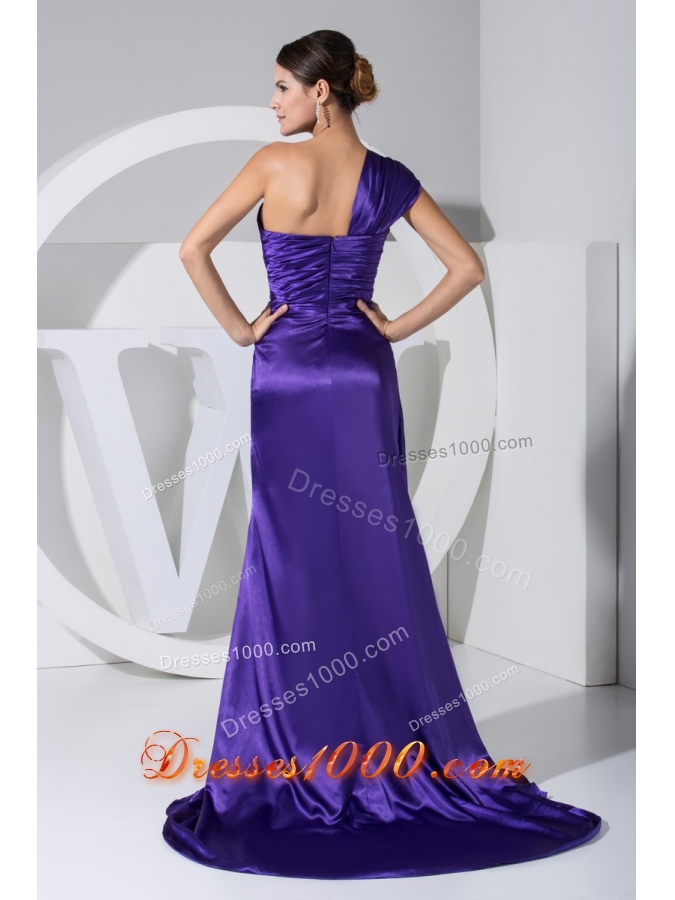 Purplr Single Shoulder Brush Train Prom Dress with Slit on The Side