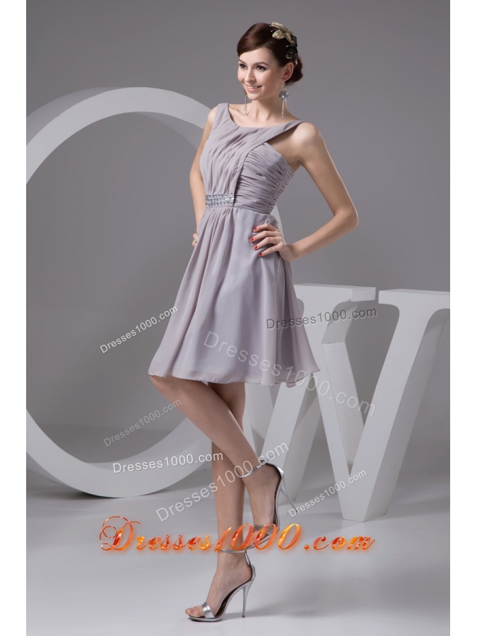 2013 Grey Scoop Chiffon Prom Dresses with Ruching and Beading