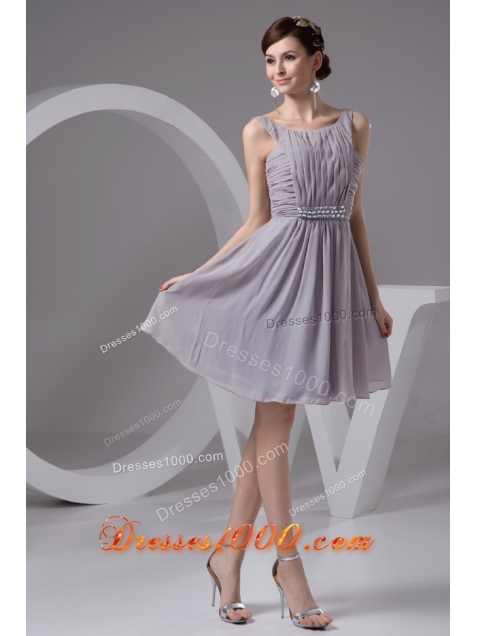 2013 Grey Scoop Chiffon Prom Dresses with Ruching and Beading