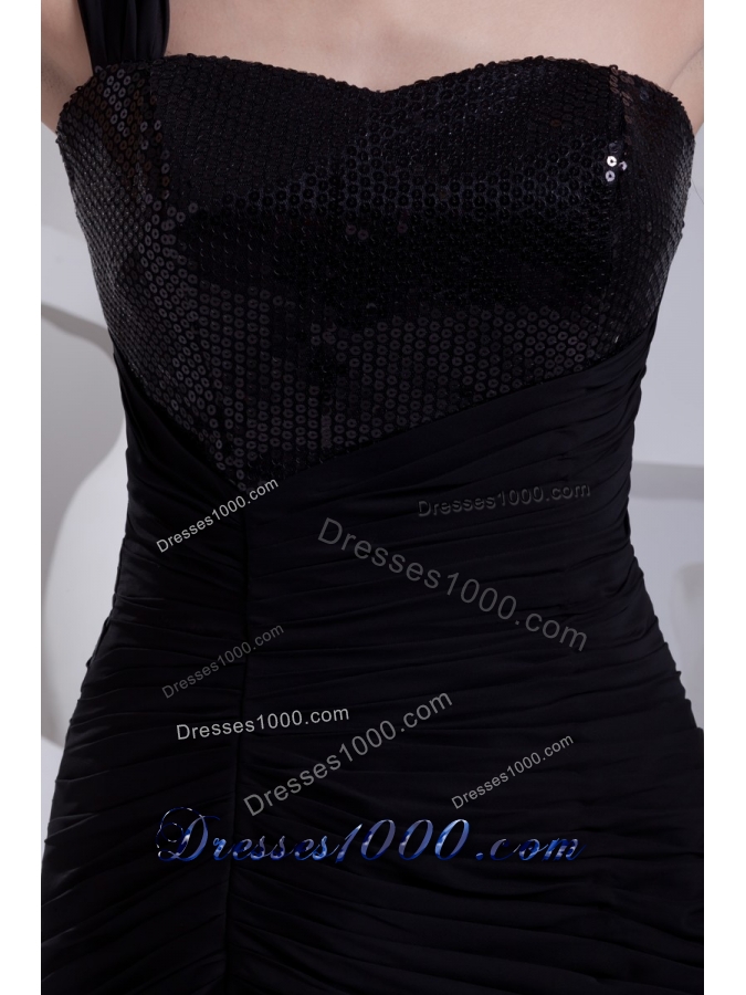 Black One Shoulder Sweetheart Short Prom Dress with Ruche and Paillette