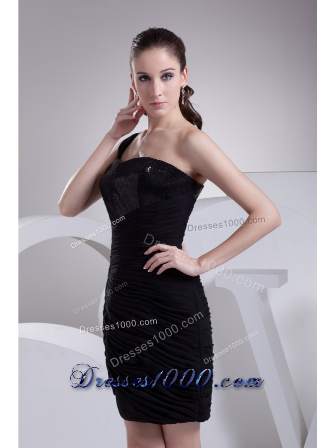 Black One Shoulder Sweetheart Short Prom Dress with Ruche and Paillette
