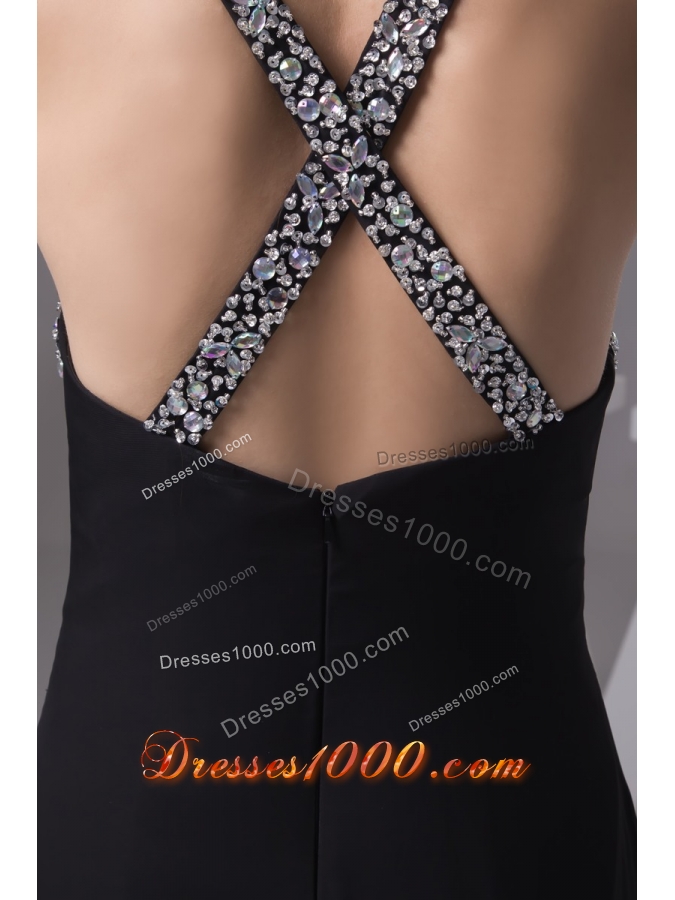 Jewelry Halter Sweep Train Sheath Prom Gowns with Silt on The Side