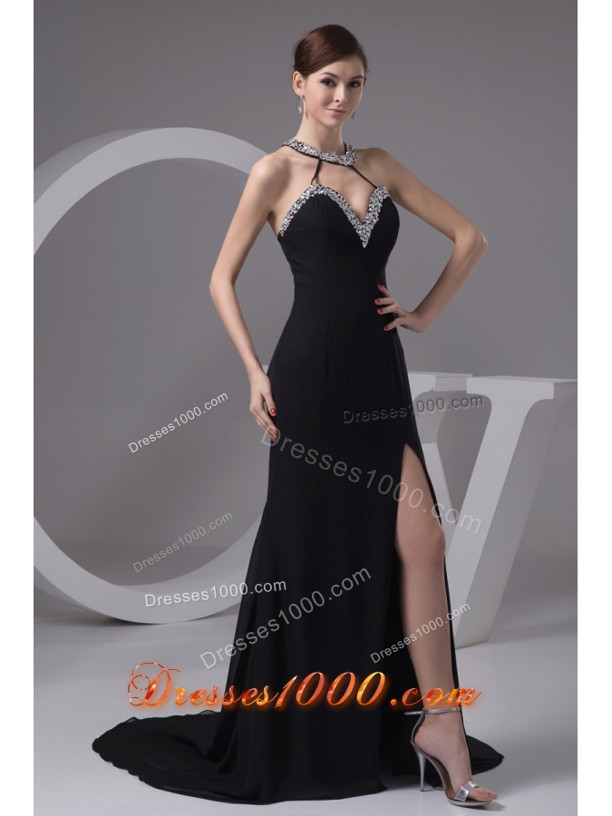 Jewelry Halter Sweep Train Sheath Prom Gowns with Silt on The Side
