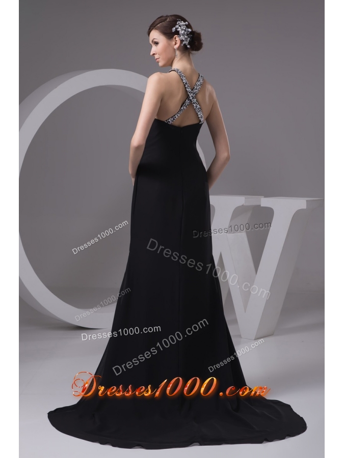 Jewelry Halter Sweep Train Sheath Prom Gowns with Silt on The Side
