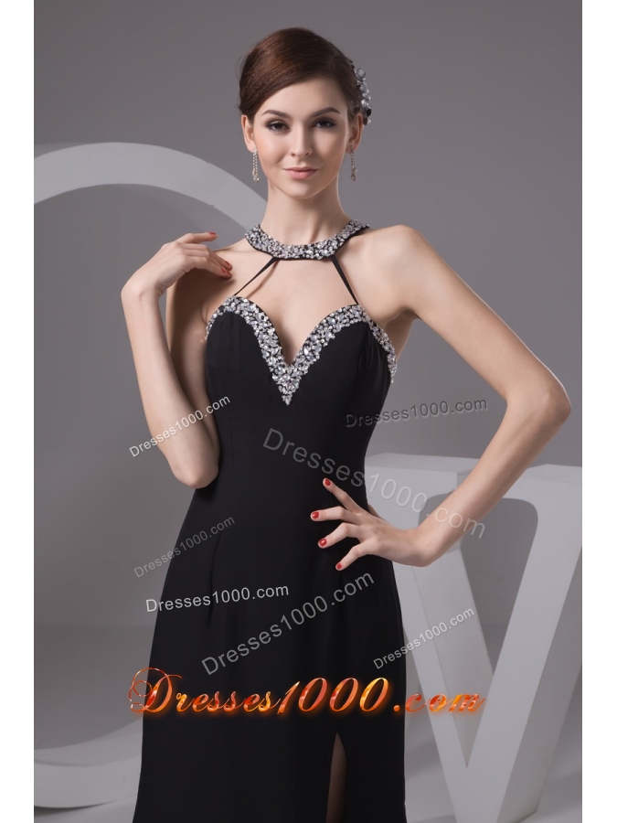 Jewelry Halter Sweep Train Sheath Prom Gowns with Silt on The Side