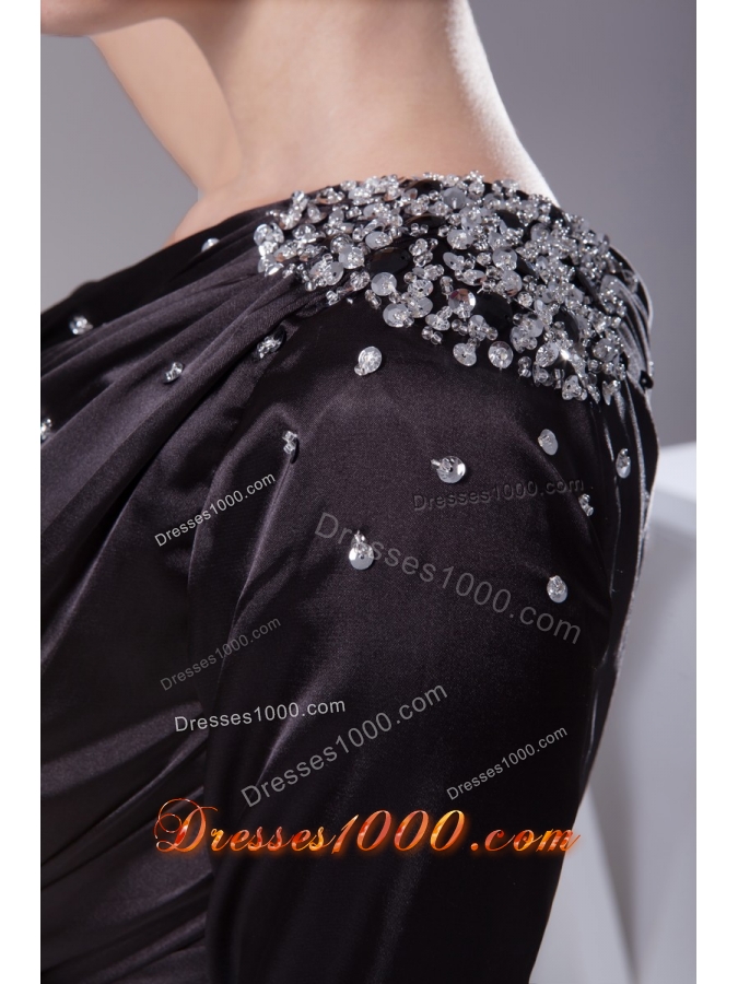 One Shoulder Long Sleeve Beaded Black Mini-length Prom Dress