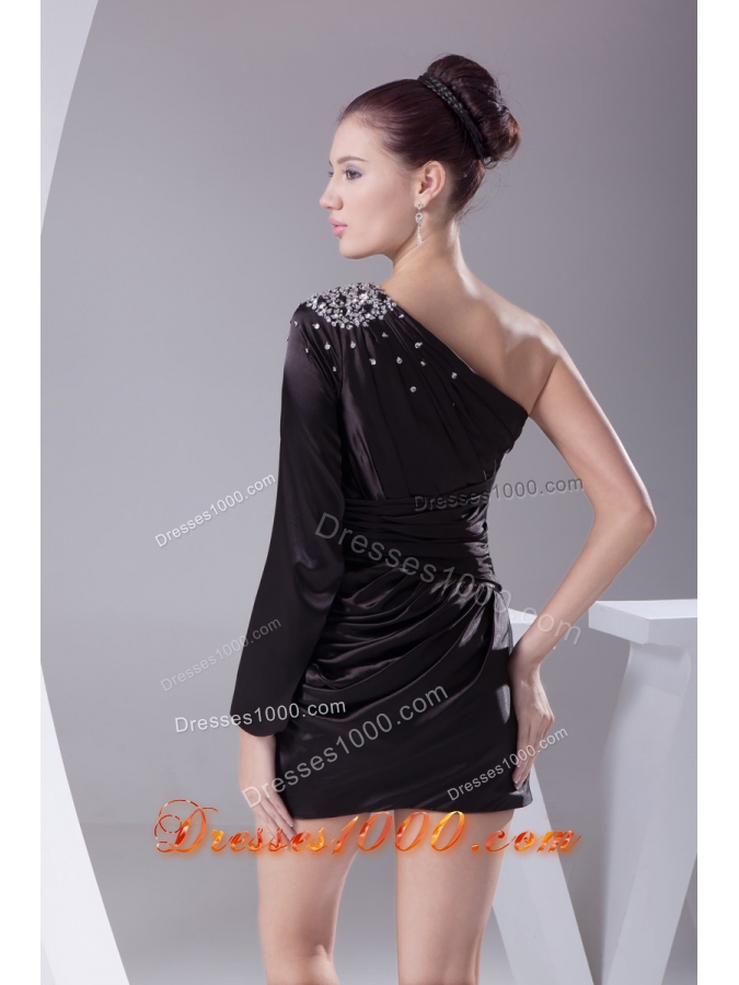 One Shoulder Long Sleeve Beaded Black Mini-length Prom Dress