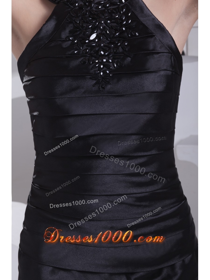 Sexy Column Halter Top Beaded Ruched Black Mini-length Prom Dress