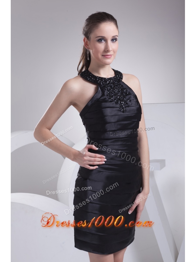 Sexy Column Halter Top Beaded Ruched Black Mini-length Prom Dress