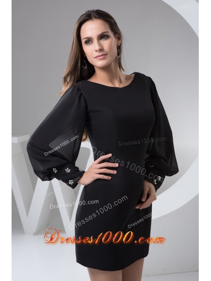 Black Chiffon Mini-length Prom Evening Dress with Puff Sleeves