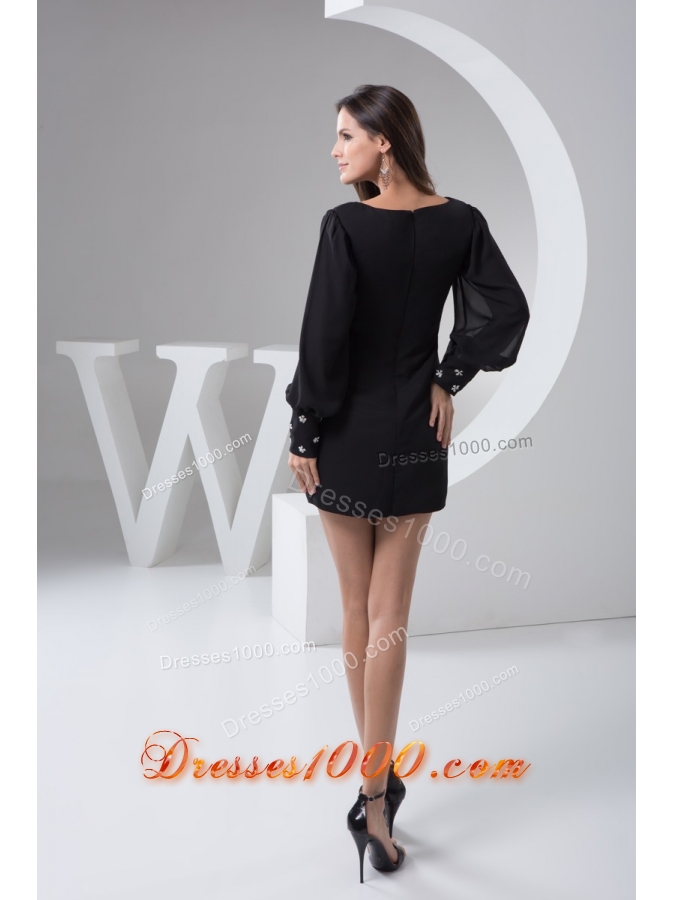 Black Chiffon Mini-length Prom Evening Dress with Puff Sleeves