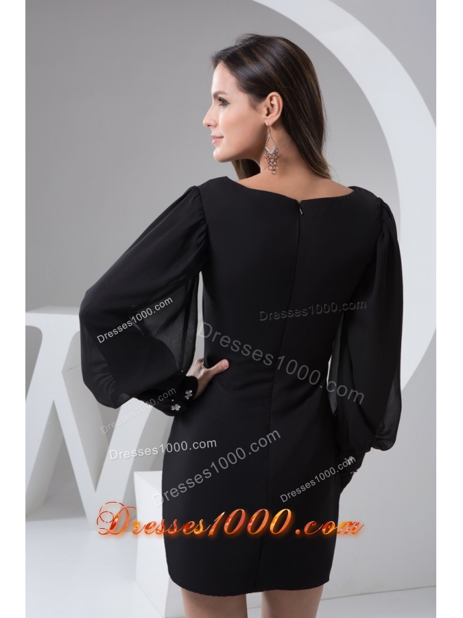 Black Chiffon Mini-length Prom Evening Dress with Puff Sleeves