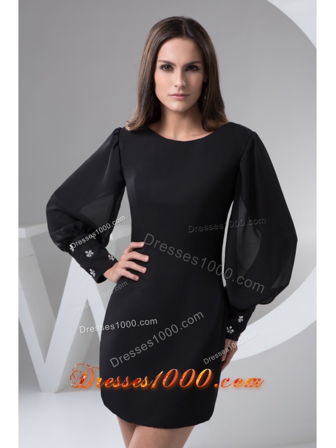 Black Chiffon Mini-length Prom Evening Dress with Puff Sleeves