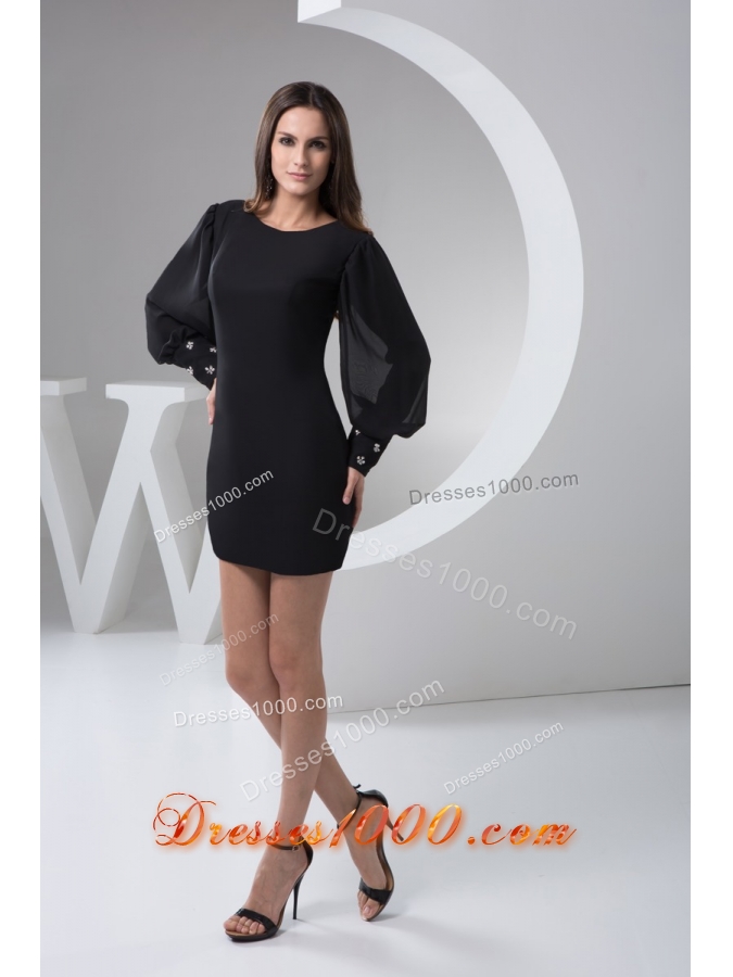 Black Chiffon Mini-length Prom Evening Dress with Puff Sleeves