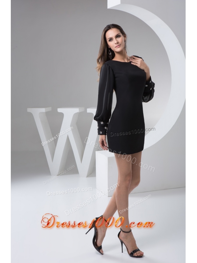 Black Chiffon Mini-length Prom Evening Dress with Puff Sleeves