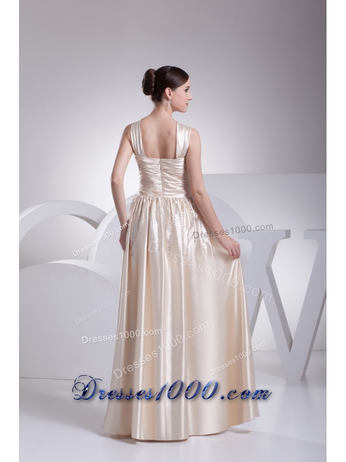 Floor-length V-neck Prom Gowns with Ruching and Beading
