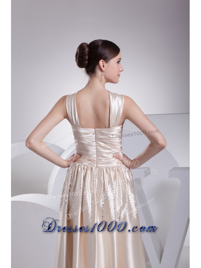 Floor-length V-neck Prom Gowns with Ruching and Beading