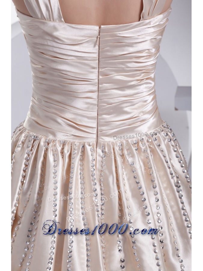 Floor-length V-neck Prom Gowns with Ruching and Beading