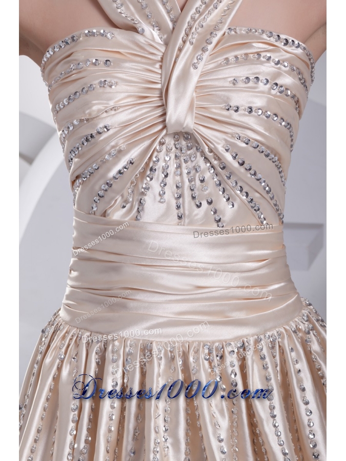 Floor-length V-neck Prom Gowns with Ruching and Beading