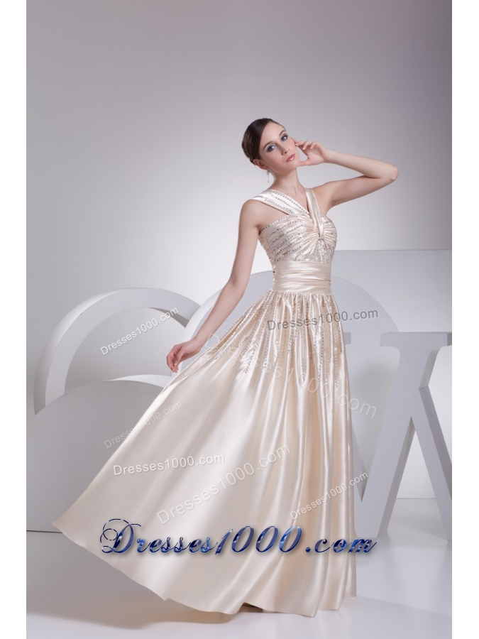 Floor-length V-neck Prom Gowns with Ruching and Beading