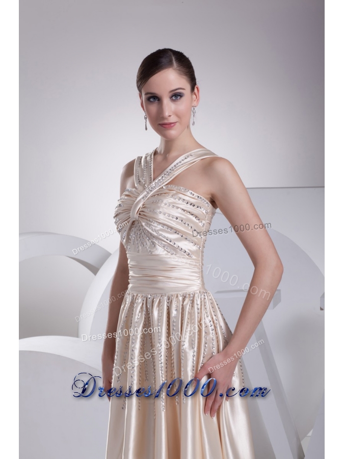 Floor-length V-neck Prom Gowns with Ruching and Beading