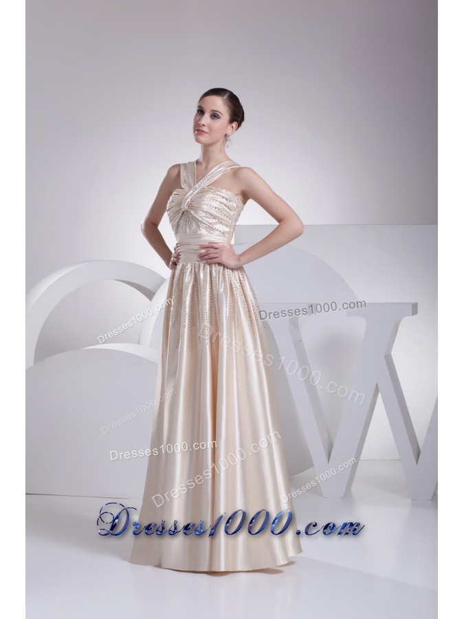 Floor-length V-neck Prom Gowns with Ruching and Beading