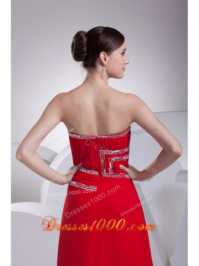Ruching and Beading Red Prom Gowns with Asymmetrical Neckline