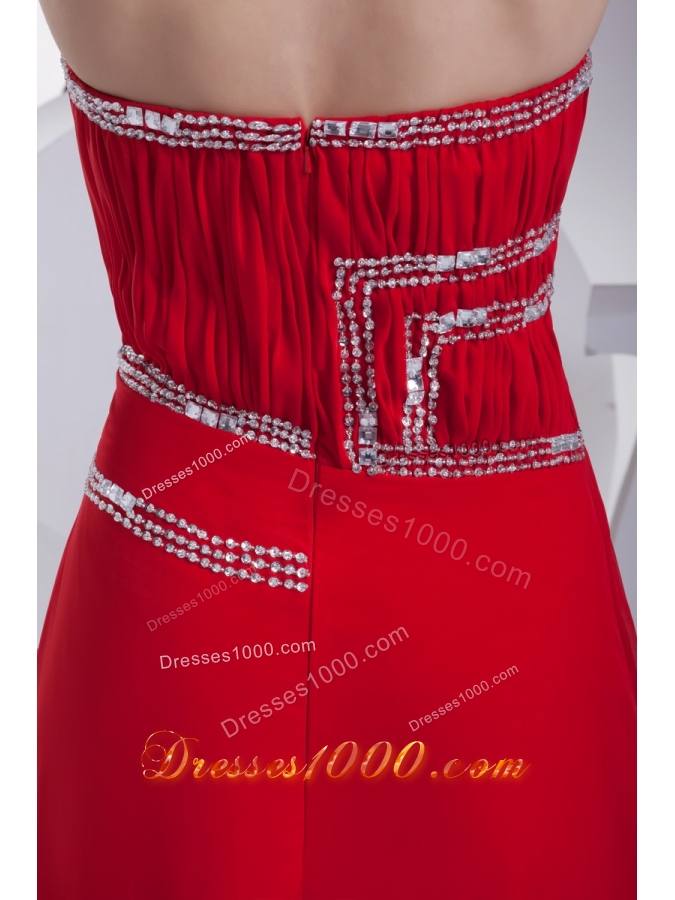 Ruching and Beading Red Prom Gowns with Asymmetrical Neckline