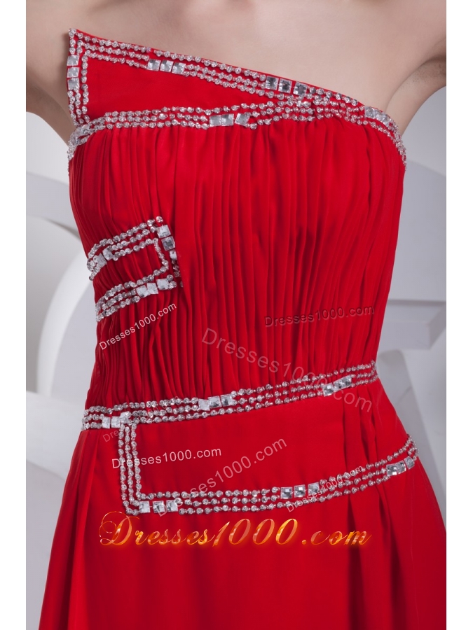Ruching and Beading Red Prom Gowns with Asymmetrical Neckline