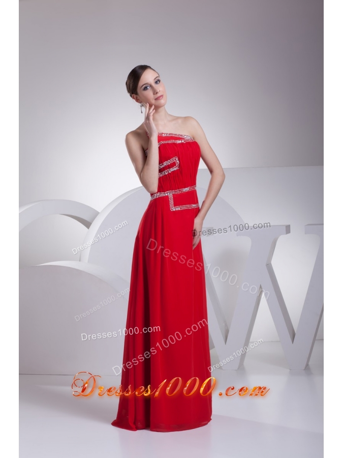 Ruching and Beading Red Prom Gowns with Asymmetrical Neckline