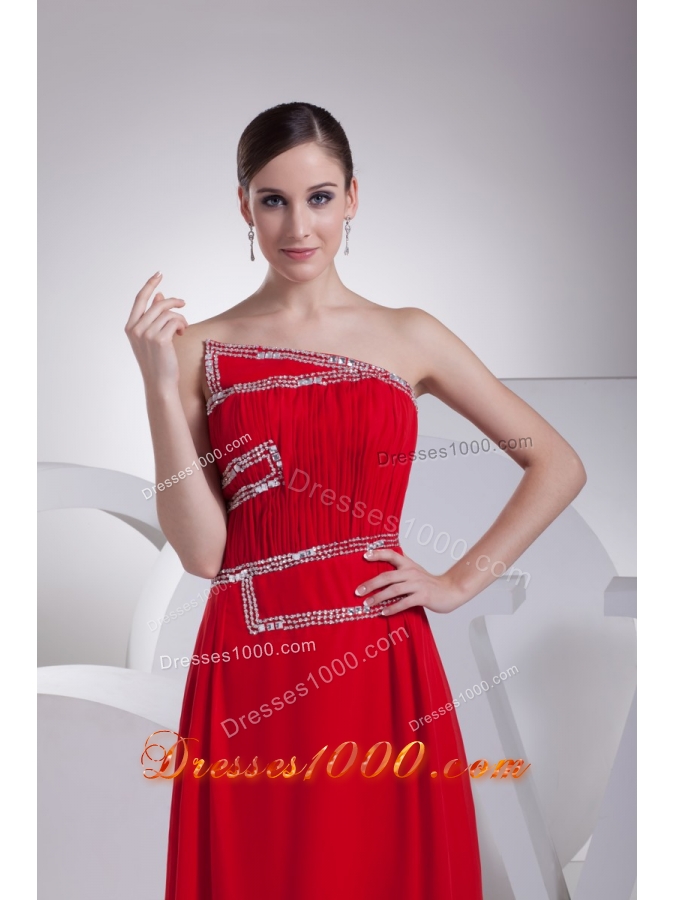 Ruching and Beading Red Prom Gowns with Asymmetrical Neckline