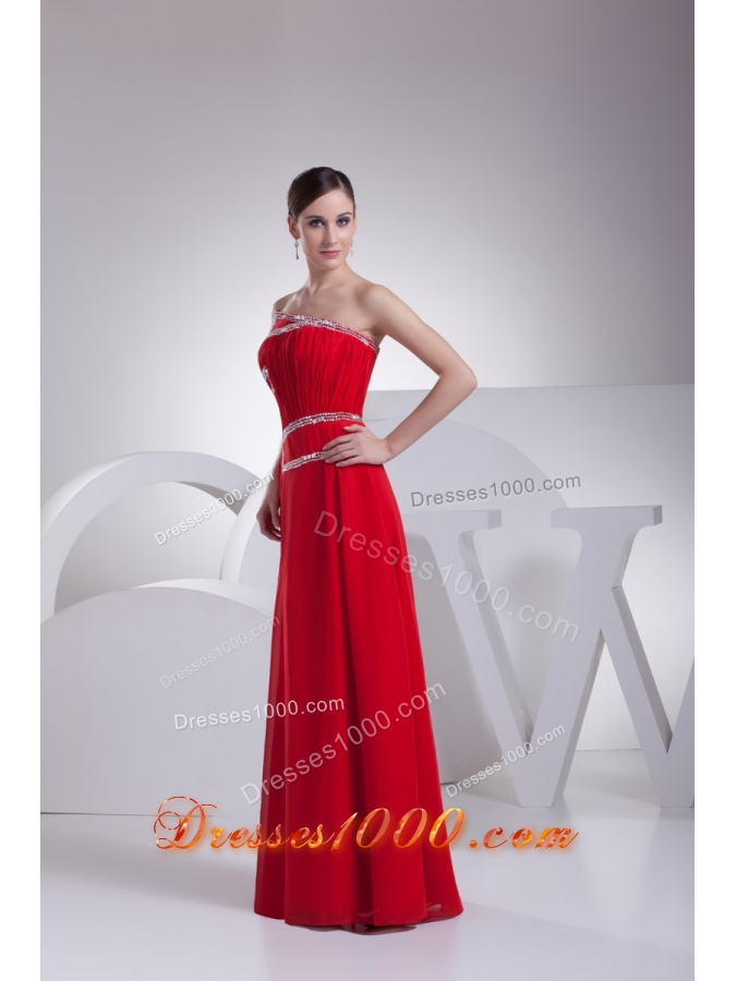 Ruching and Beading Red Prom Gowns with Asymmetrical Neckline
