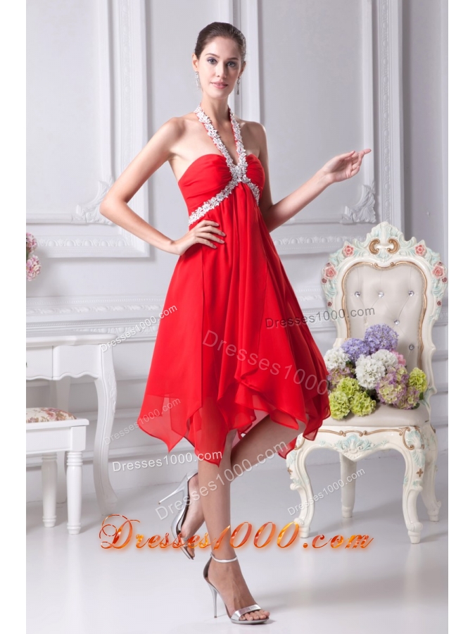 Appliques with Beading Decorated Halter Prom Dresses with Ruffled Edge