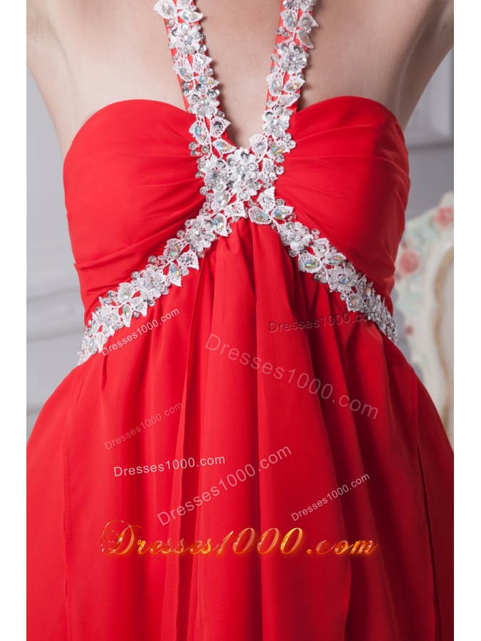 Appliques with Beading Decorated Halter Prom Dresses with Ruffled Edge