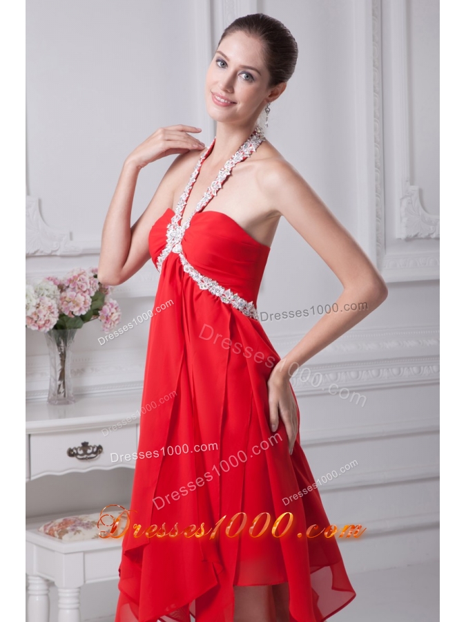 Appliques with Beading Decorated Halter Prom Dresses with Ruffled Edge