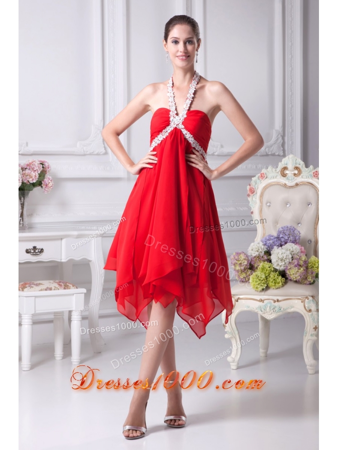 Appliques with Beading Decorated Halter Prom Dresses with Ruffled Edge