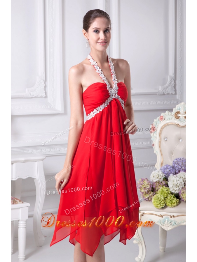 Appliques with Beading Decorated Halter Prom Dresses with Ruffled Edge